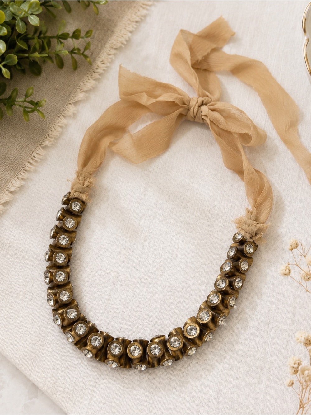 Heavy Rhinestone Statement Necklace Bronze Tone Ribbon Tie Adjustable